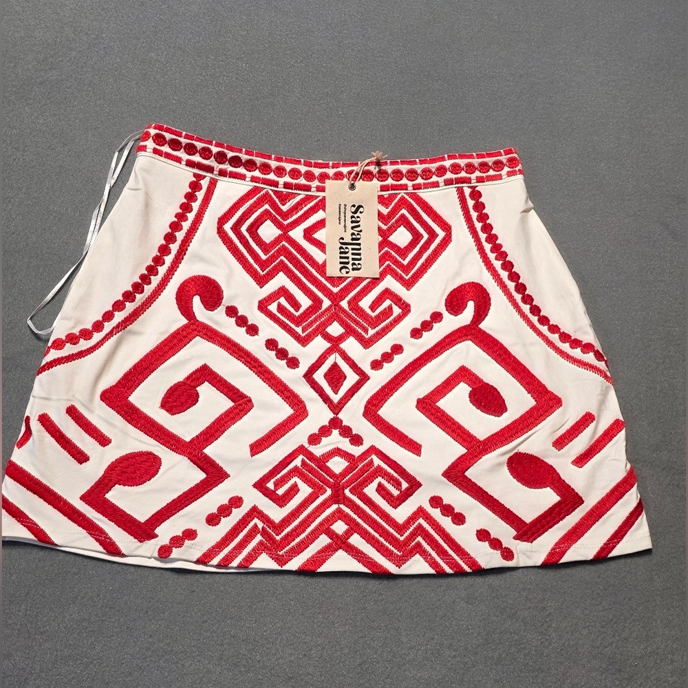 Savanna Jane White Mini Skirt with Red Geometric Embroidery - Picture 2 of 10